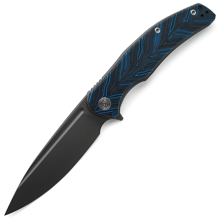 Miguron Velona 4.03" 14C28N Dark Gray PVD Flipper Knife Blue Damascus G10 MGR-8003DBUII