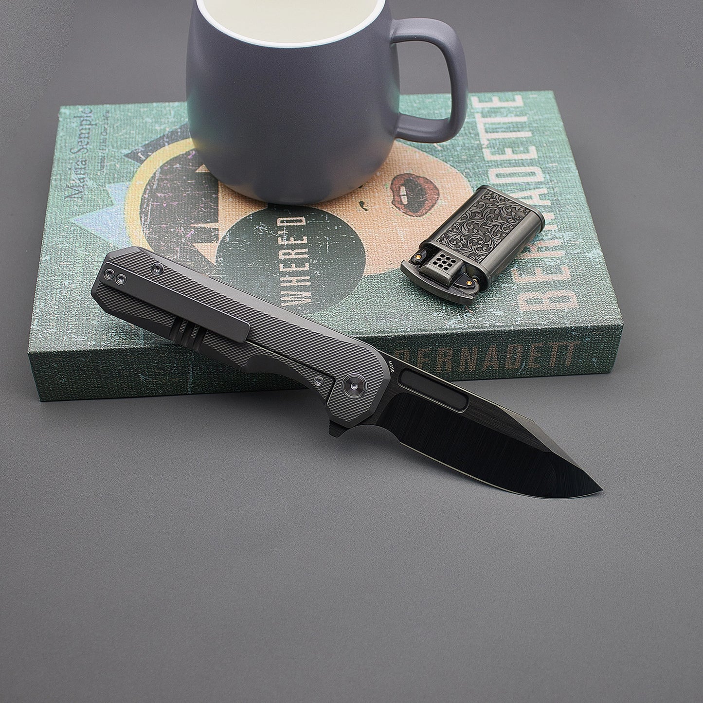 Miguron -Ameight Knives Preyert II Flipper Folding Knife 3.75" DLC Hand Hollow GND Blade