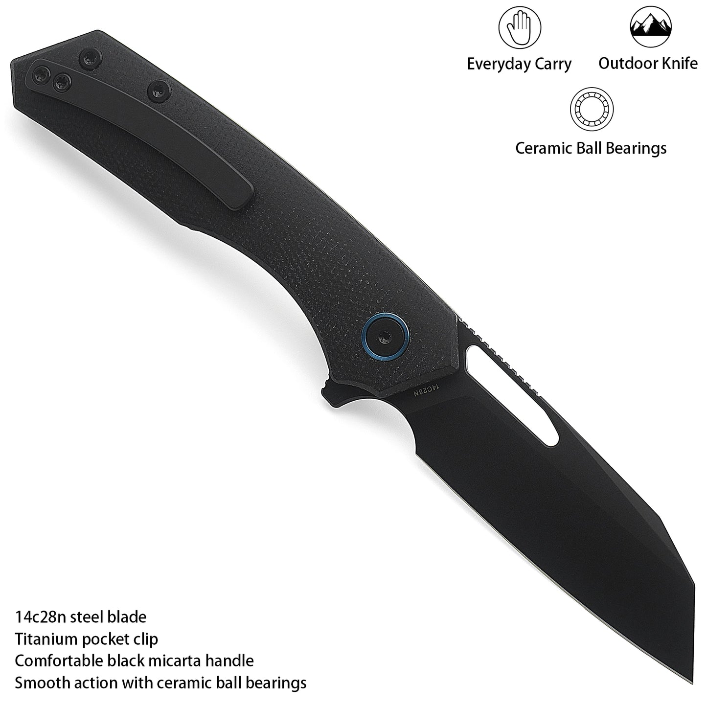 Miguron Knives Keryx Flipper Folding Knife 3.17" Black PVD 14C28N Blade Black Micarta Handle