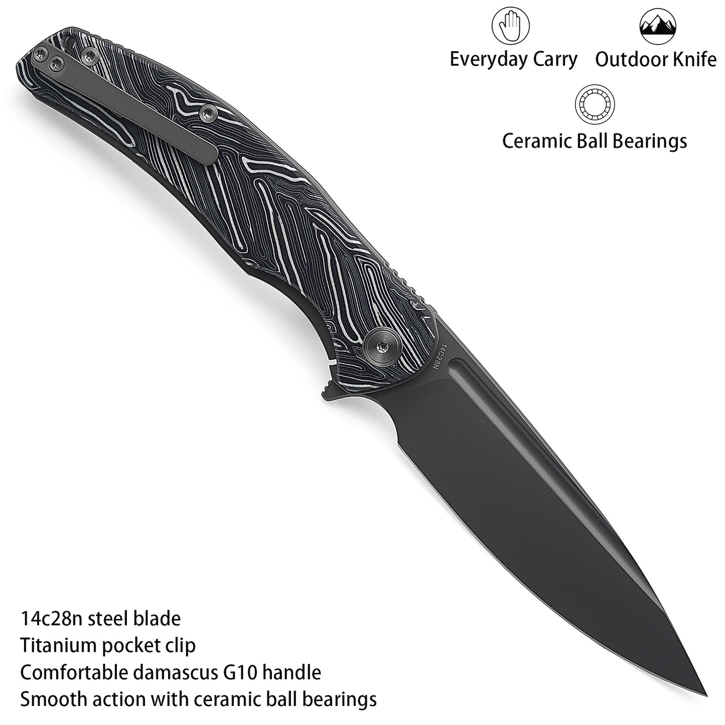 Miguron Knives Velona Flipper Folding Knife 4.22" 14C28N Blade Black Damascus G10 Handle