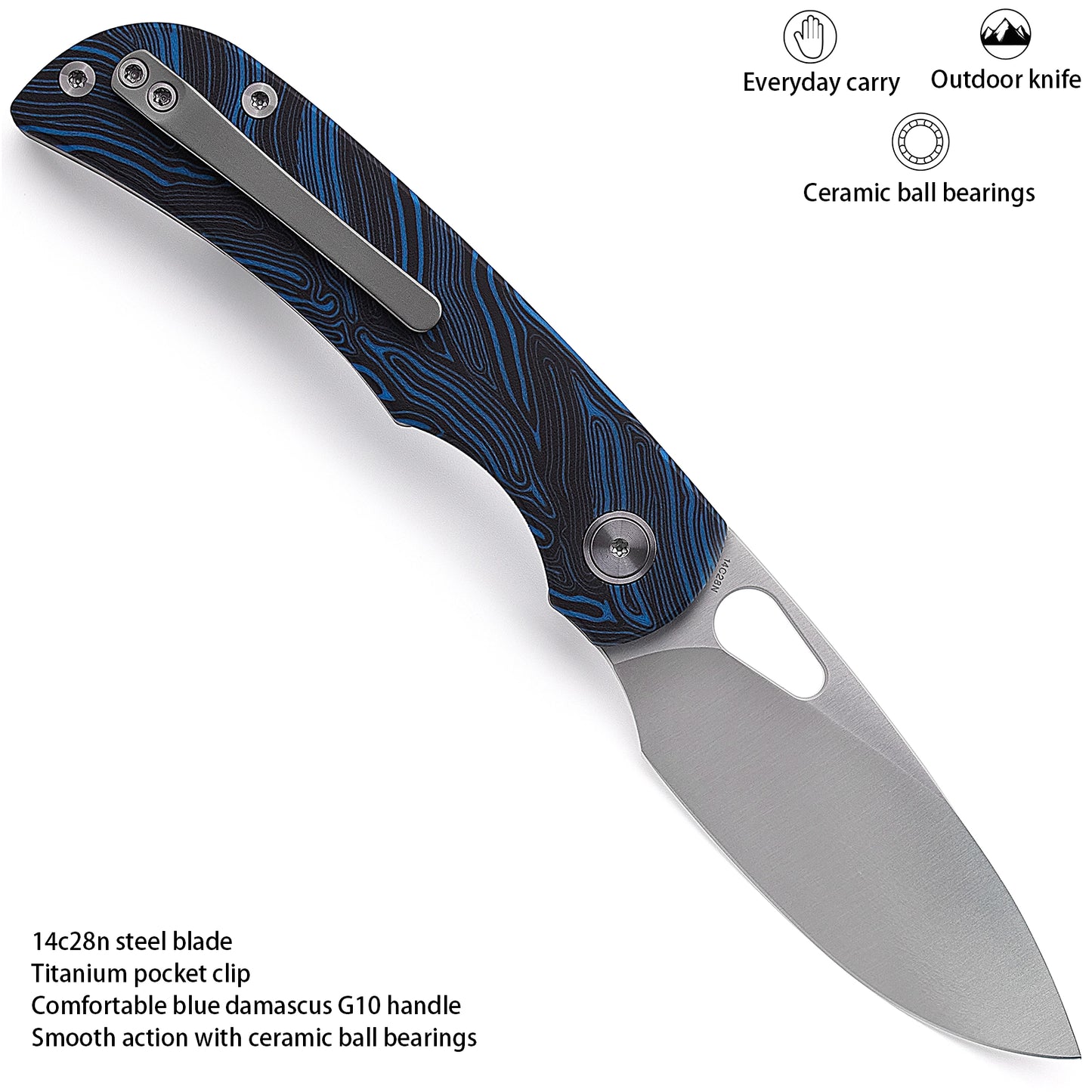 Miguron Moyarl Knife Blue Damascus G10 Handle 14C28N Drop Point Plain Edge MGR-806DBU