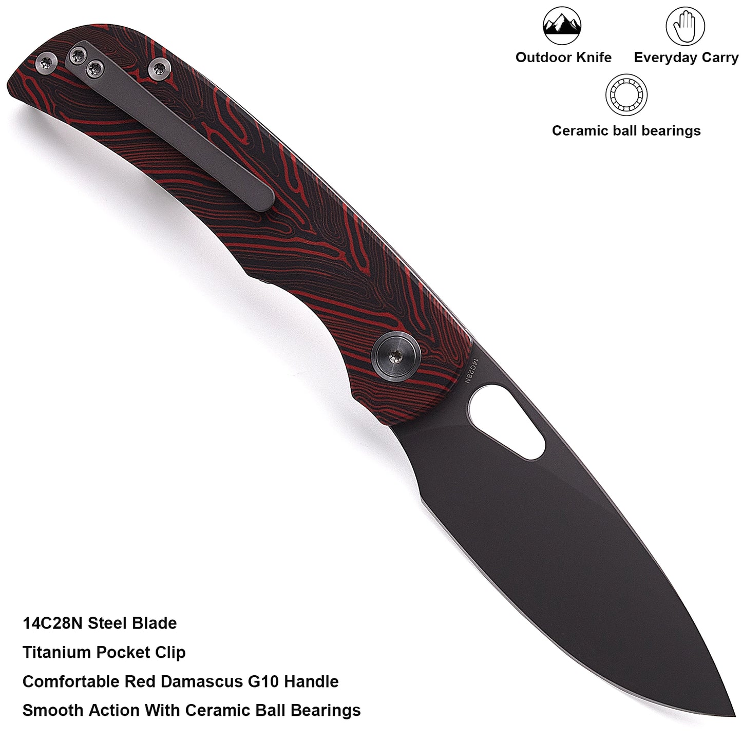 Miguron Moyarl  Knife Red Damascus G10 Handle 14C28N Plain Dark Grey Blade MGR-8D06DR