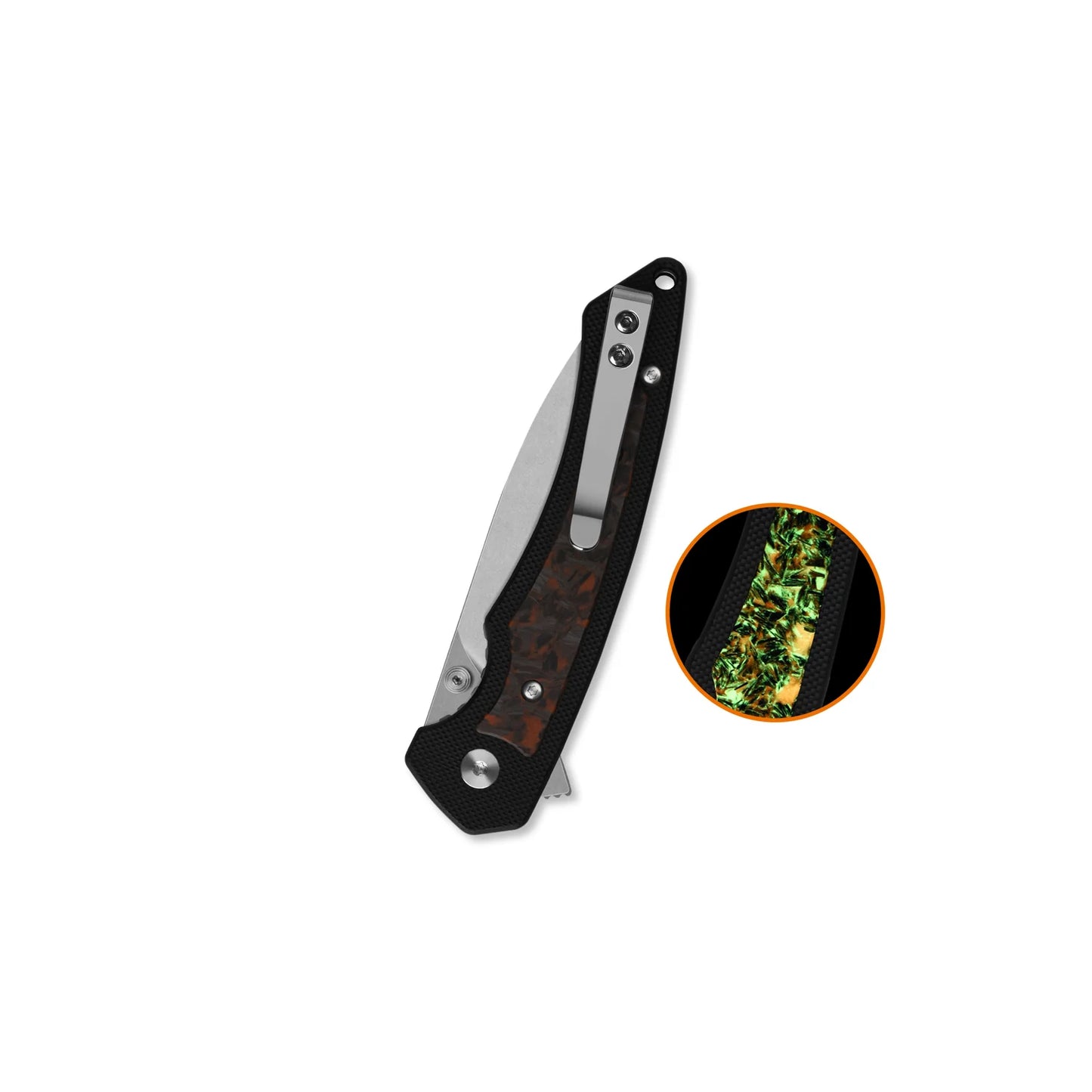 QSP Peregrine Liner Lock Pocket Knife | 10Cr15MoV Steel | Black G10 with Glow-in-the-Dark Orange Shredded Carbon Fiber Inlay | QS177-B2