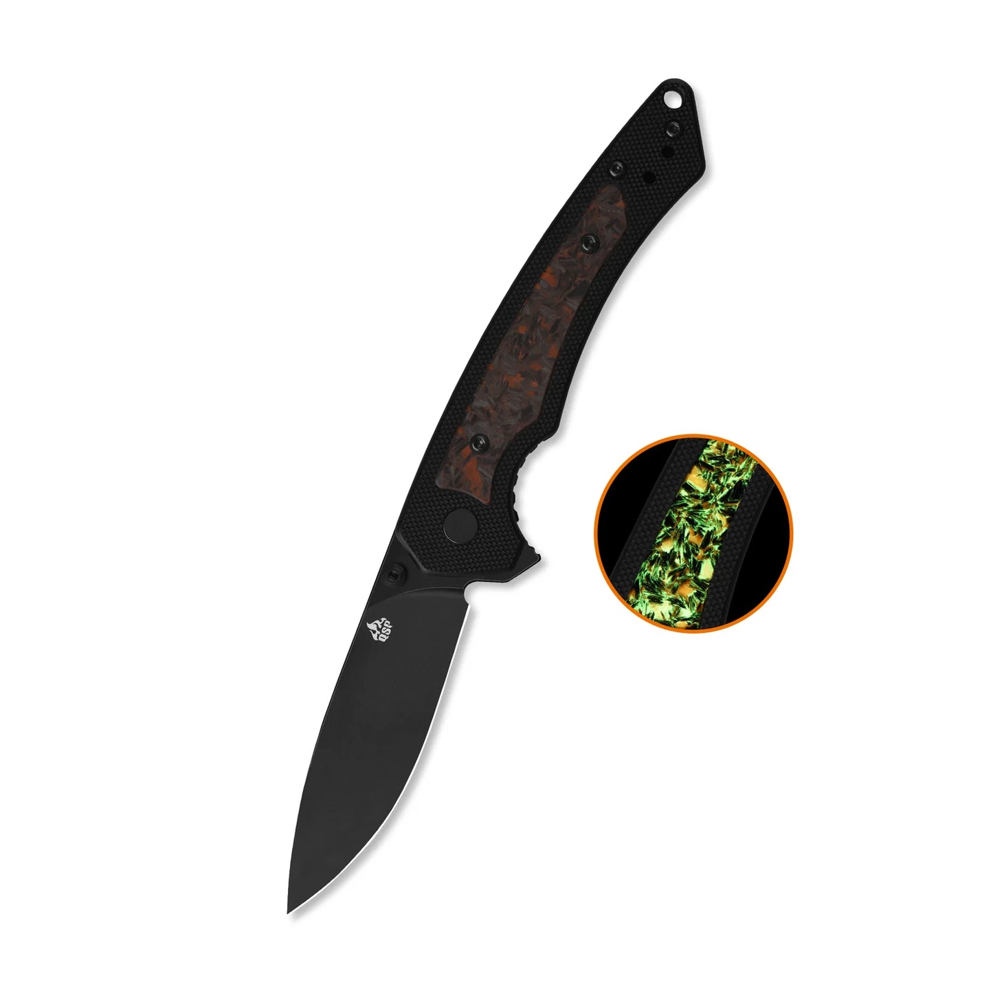 QSP Peregrine Liner Lock Pocket Knife | 10Cr15MoV Steel | Black G10 with Glow-in-the-Dark Orange Shredded Carbon Fiber Inlay | QS177-B2