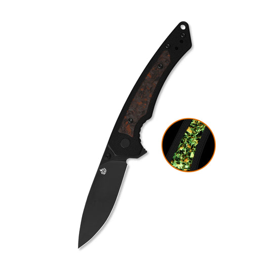 QSP Peregrine Liner Lock Pocket Knife | 10Cr15MoV Steel | Black G10 with Glow-in-the-Dark Orange Shredded Carbon Fiber Inlay | QS177-B2