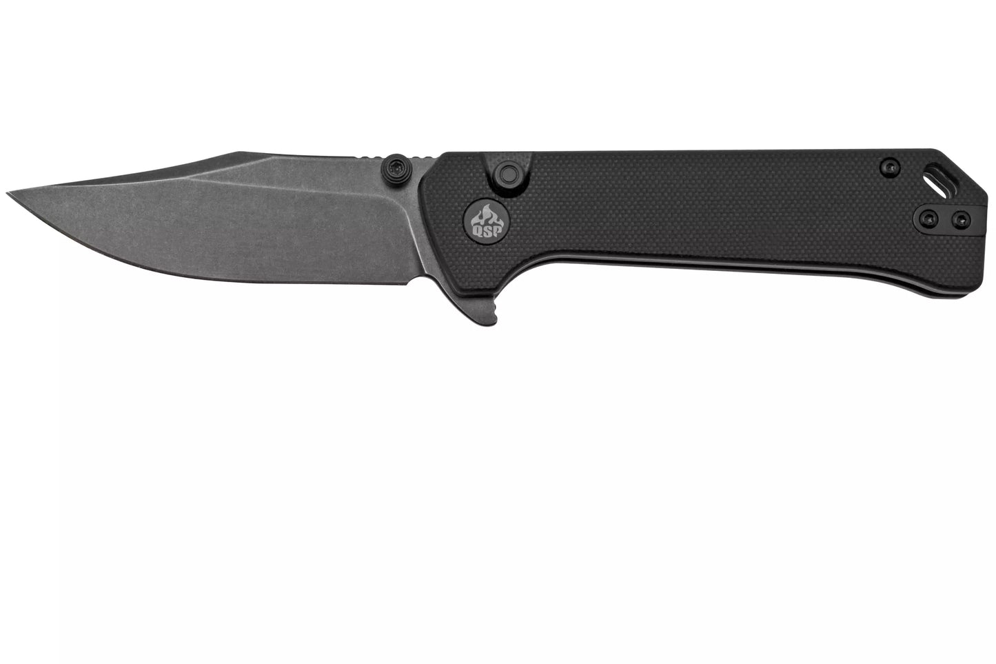 QSP Grebe Button Lock Knife Black G-10 3.25" Black Stonewash Blade QS147-C2