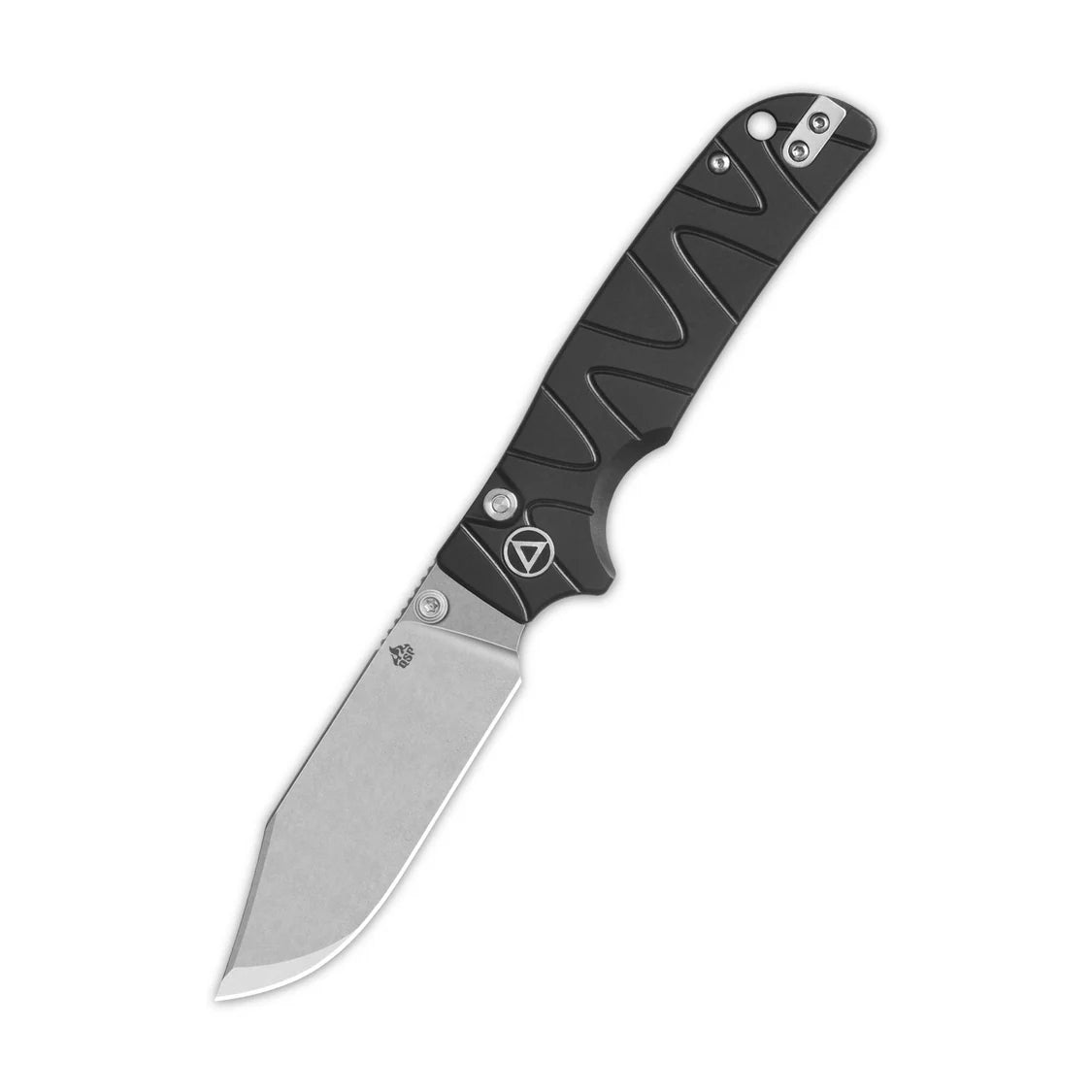 QSP Kali Button Lock Knife 3.25" 14C28N Stonewashed Blade, Black Aluminum  QS159-F1