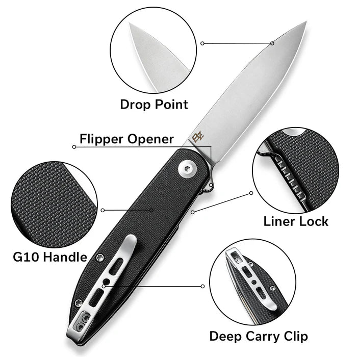 Sencut Bocll II Folding Knife – Black G10 Handle | Satin D2 Blade (Model S22019-1)
