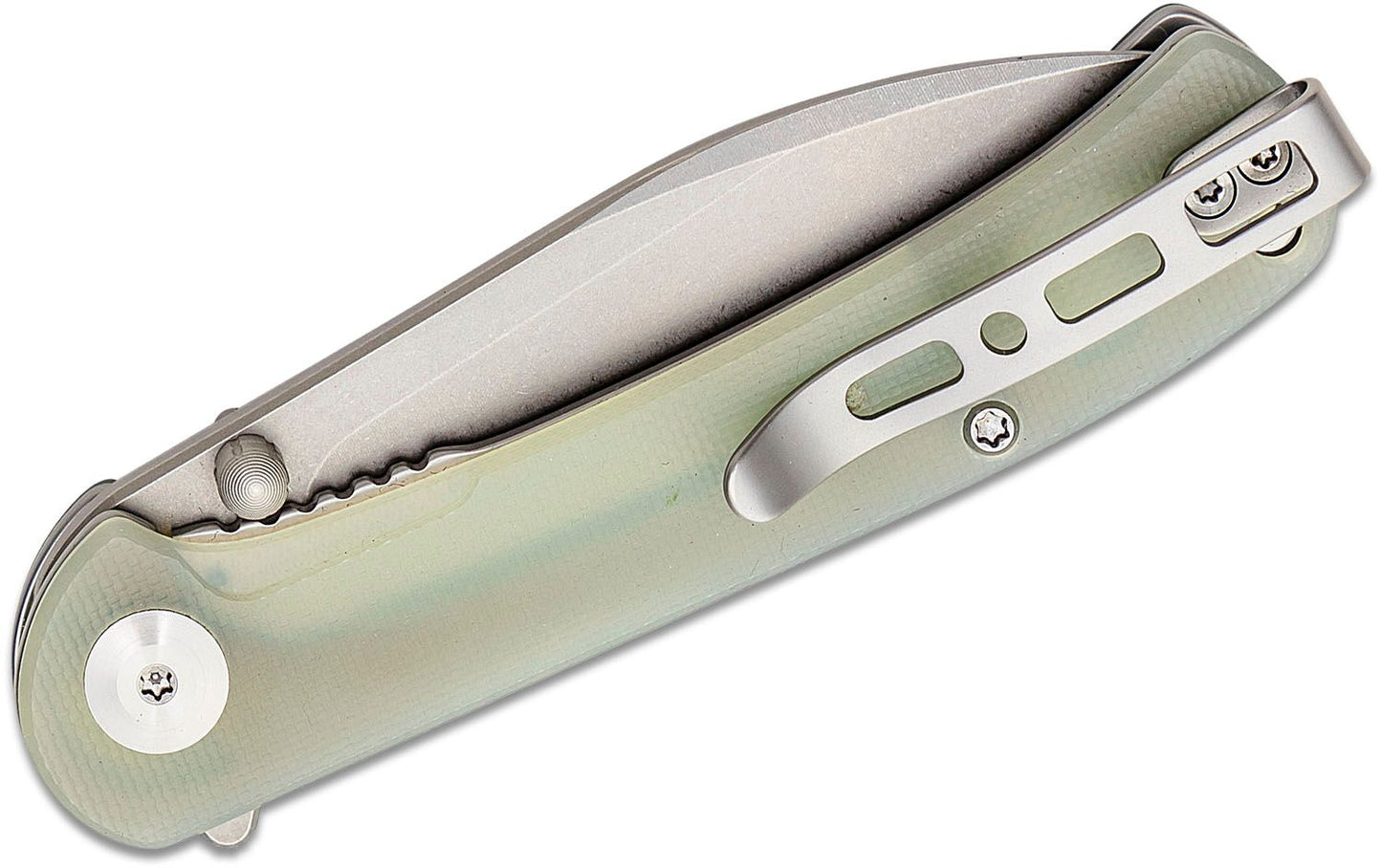Sencut Knives SA03C Scepter Flipper Knife 2.97" Stonewashed Drop Point Blade, Natural (Jade) G10 Handles, Liner Lock