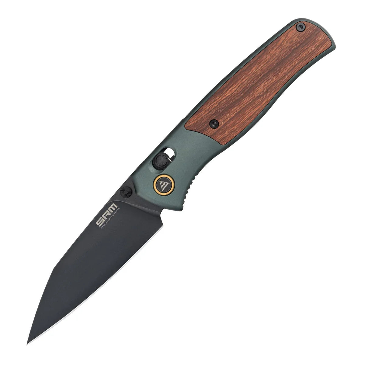 SRM Knives Medal 259L-AG Green Aluminum & Rosewood Folding 14C28N Knife 259LAG