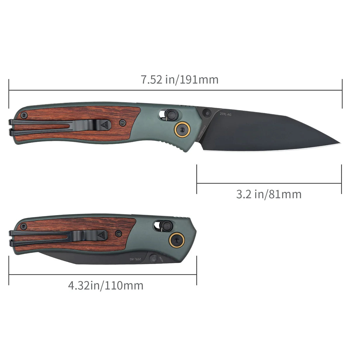 SRM Knives Medal 259L-AG Green Aluminum & Rosewood Folding 14C28N Knife 259LAG
