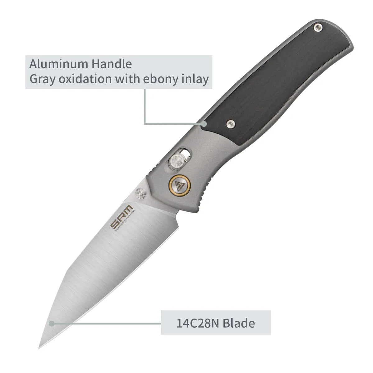 SRM Knives Medal 259L-AK Knife Gray Aluminum Ebony Inlays, 14C28N Wharncliffe Blade