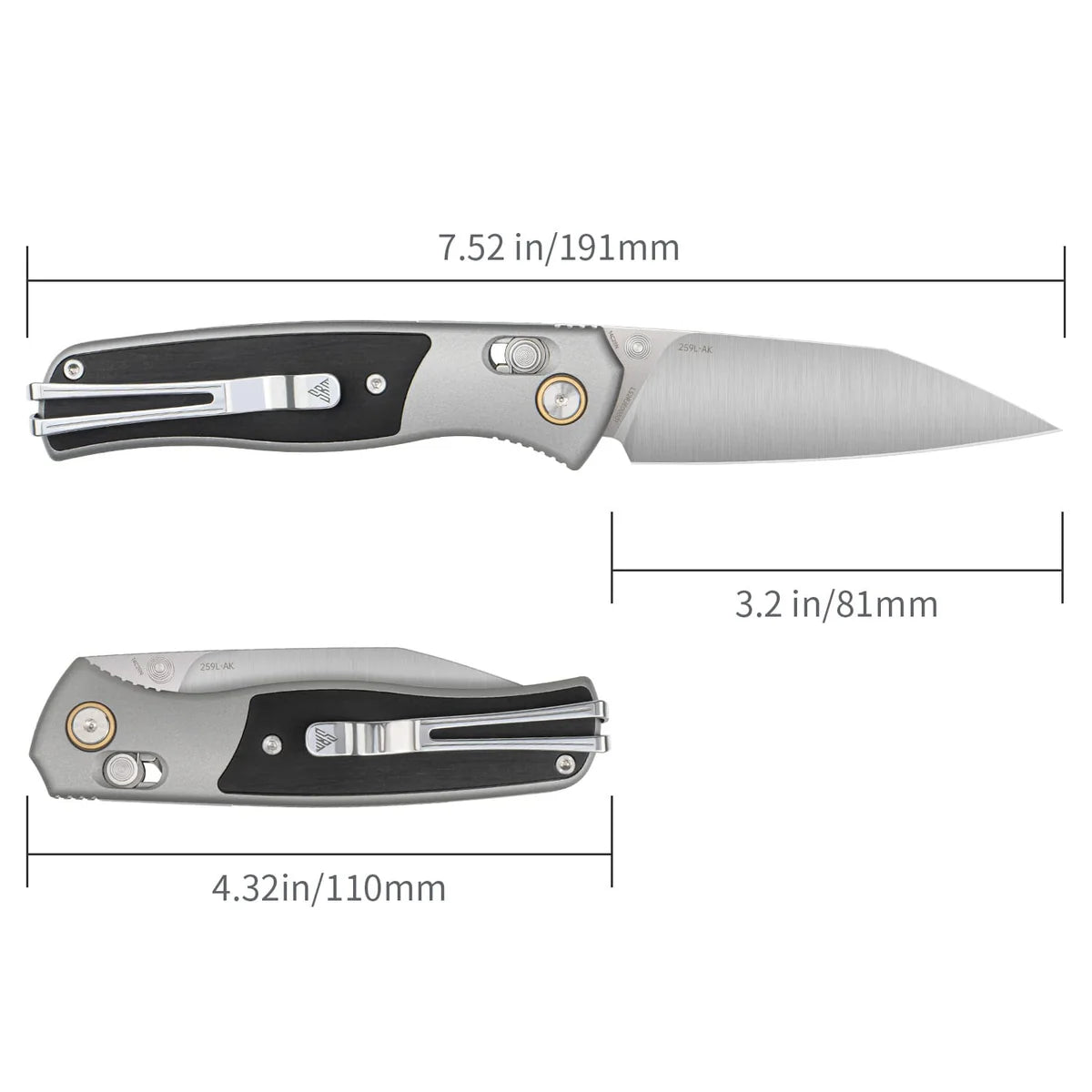 SRM Knives Medal 259L-AK Knife Gray Aluminum Ebony Inlays, 14C28N Wharncliffe Blade