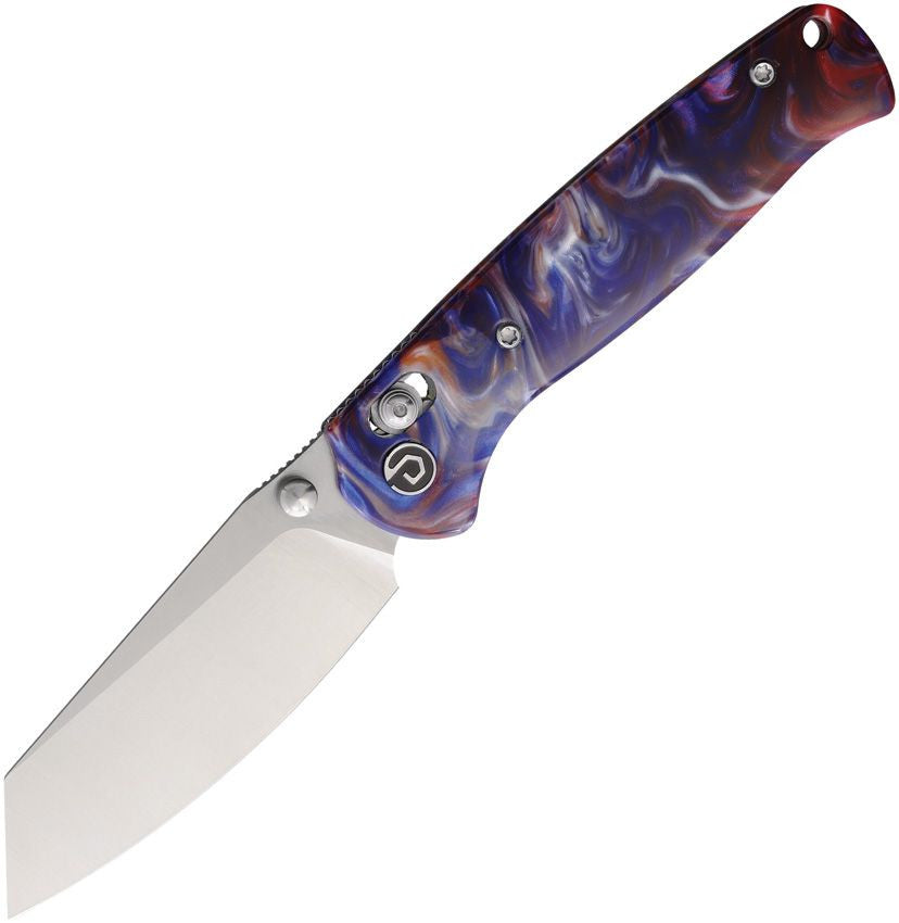 Defcon Artifact Axis Lock Folding Knife – Satin 14C28N Sheepsfoot Blade, Blue & Red Resin Handle | TD024BLGN