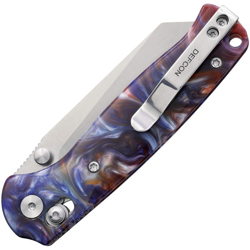 Defcon Artifact Axis Lock Folding Knife – Satin 14C28N Sheepsfoot Blade, Blue & Red Resin Handle | TD024BLGN