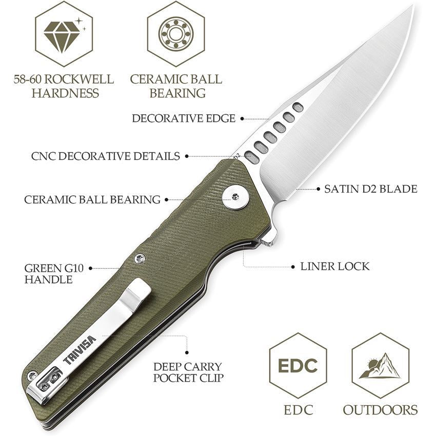 TRIVISA Orion Linerlock OD Green G10 Folding D2 Steel Pocket Knife TY01GDG