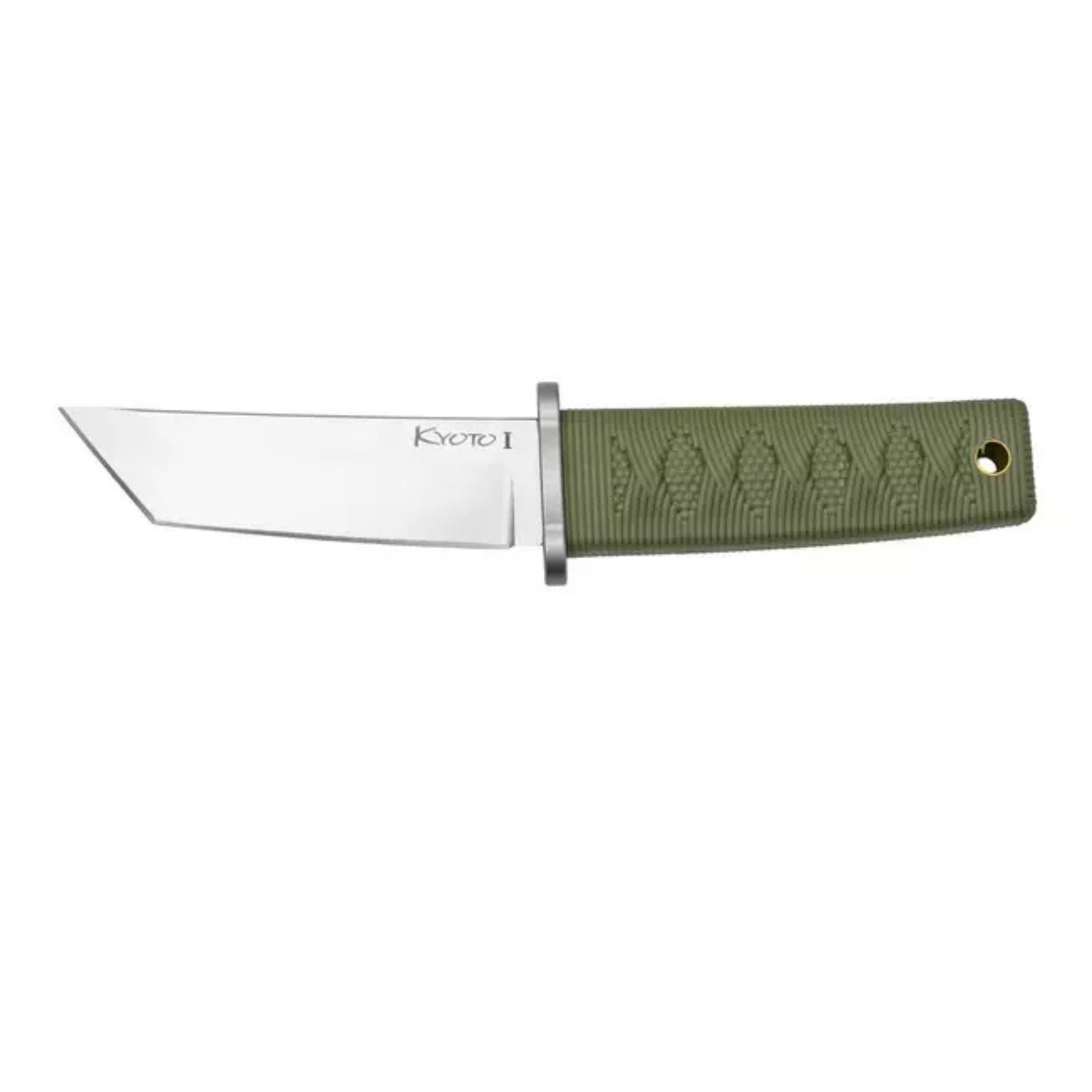 Knife with green handle and silver blade on a white background