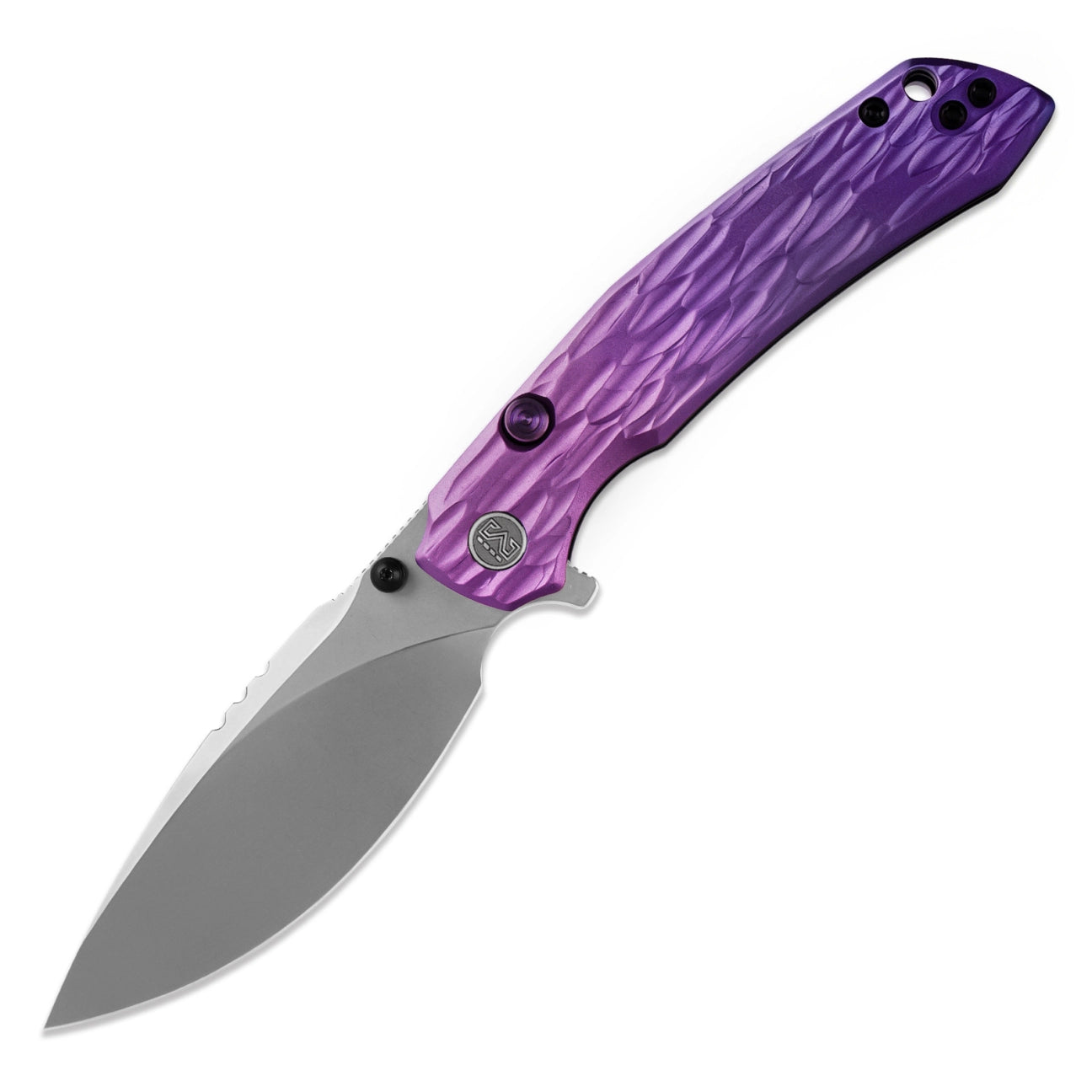 Miguron Celora Button Liner Lock Folding Knife  MGR831ANO 3.3" 19C27 Pearlescent Stonewash Drop Point Blade | Gradient Anodized Purple Aluminum Handle | MGR831ANO