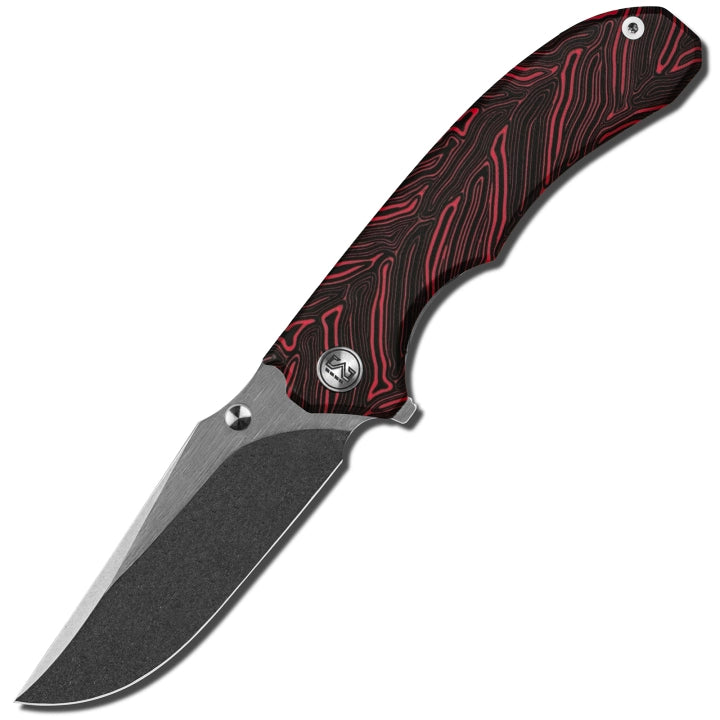 Miguron Centurion 3.5" 14C28N Stonewash & Satin Flipper Knife Red Damascus G10 MGR-812DRD
