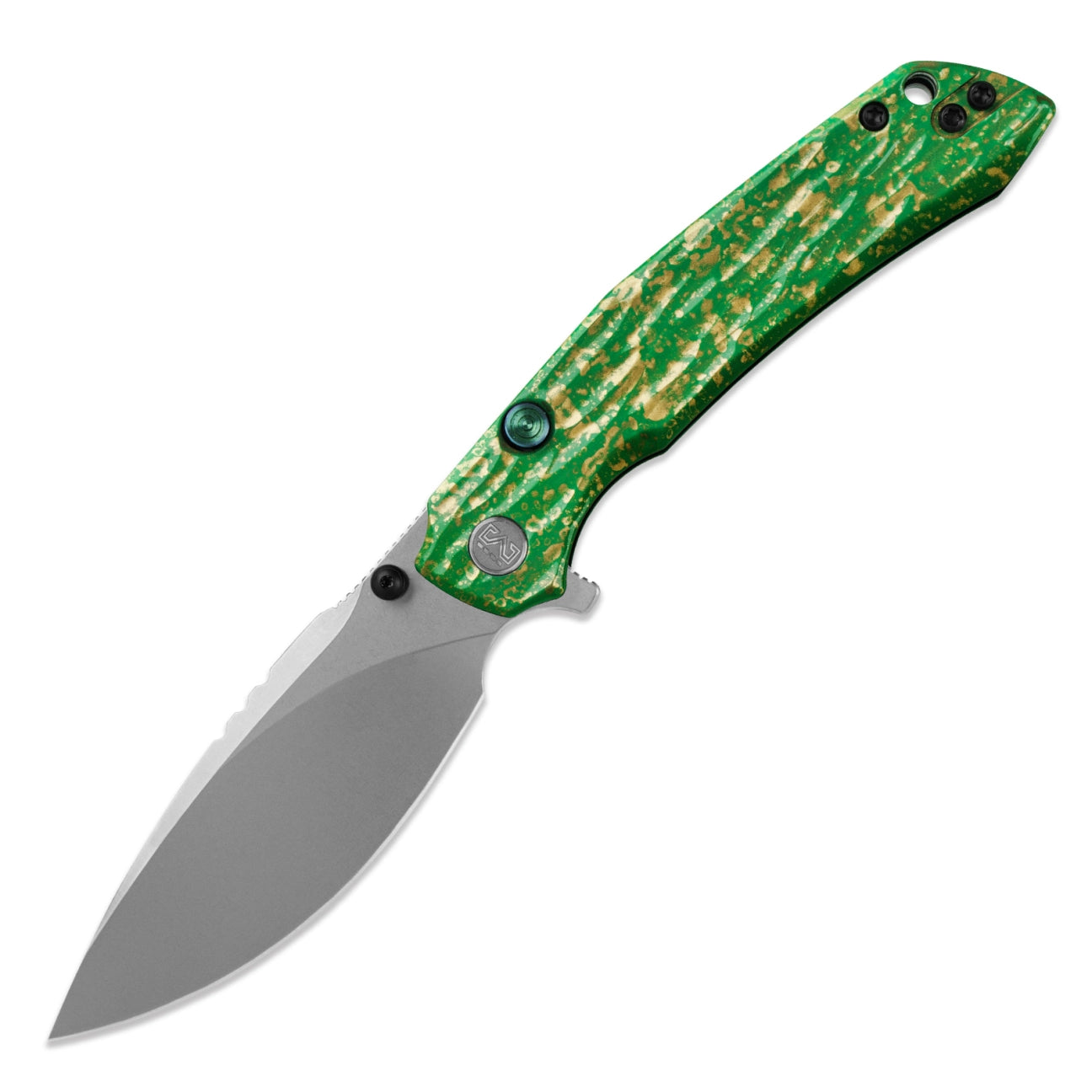Miguron Celora Button Liner Lock Folding Knife MGR831GN 3.3" 19C27 Pearlescent Stonewash Drop Point Blade | Lacquer Craft Green Aluminum Handle | MGR831GN