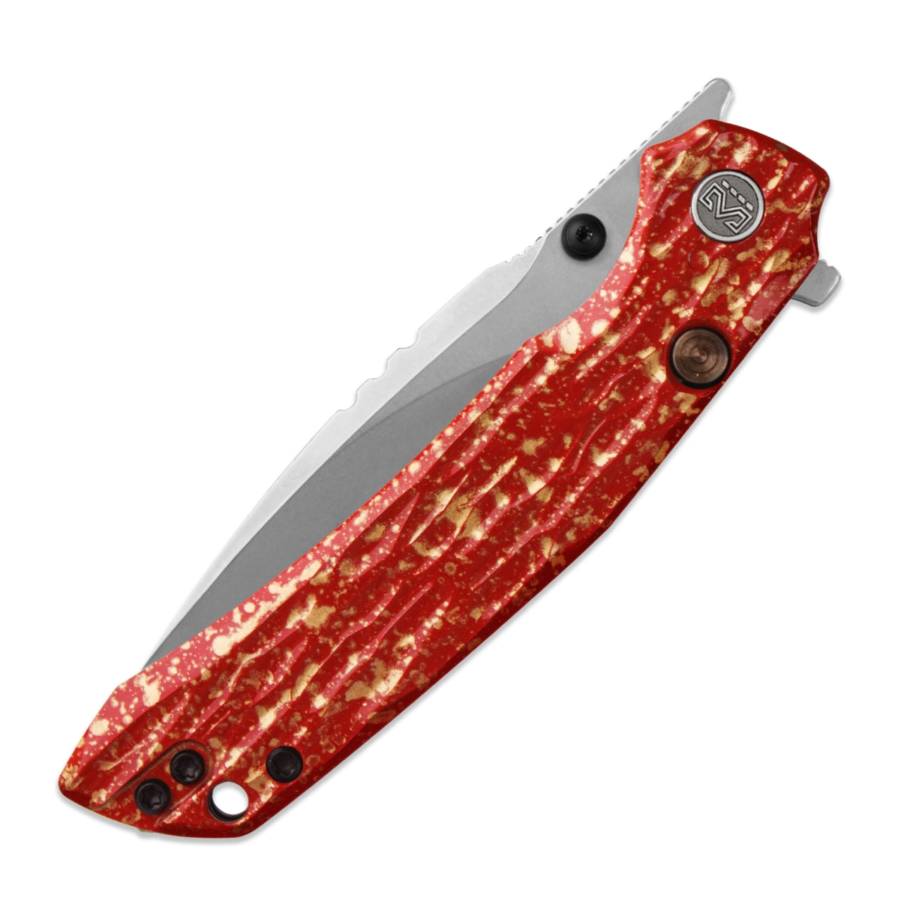 Miguron Celora Button Liner Lock Folding Knife MGR831RD 3.3" 19C27 Pearlescent Stonewash Drop Point Blade | Lacquer Craft Red Aluminum Handle | MGR831RD