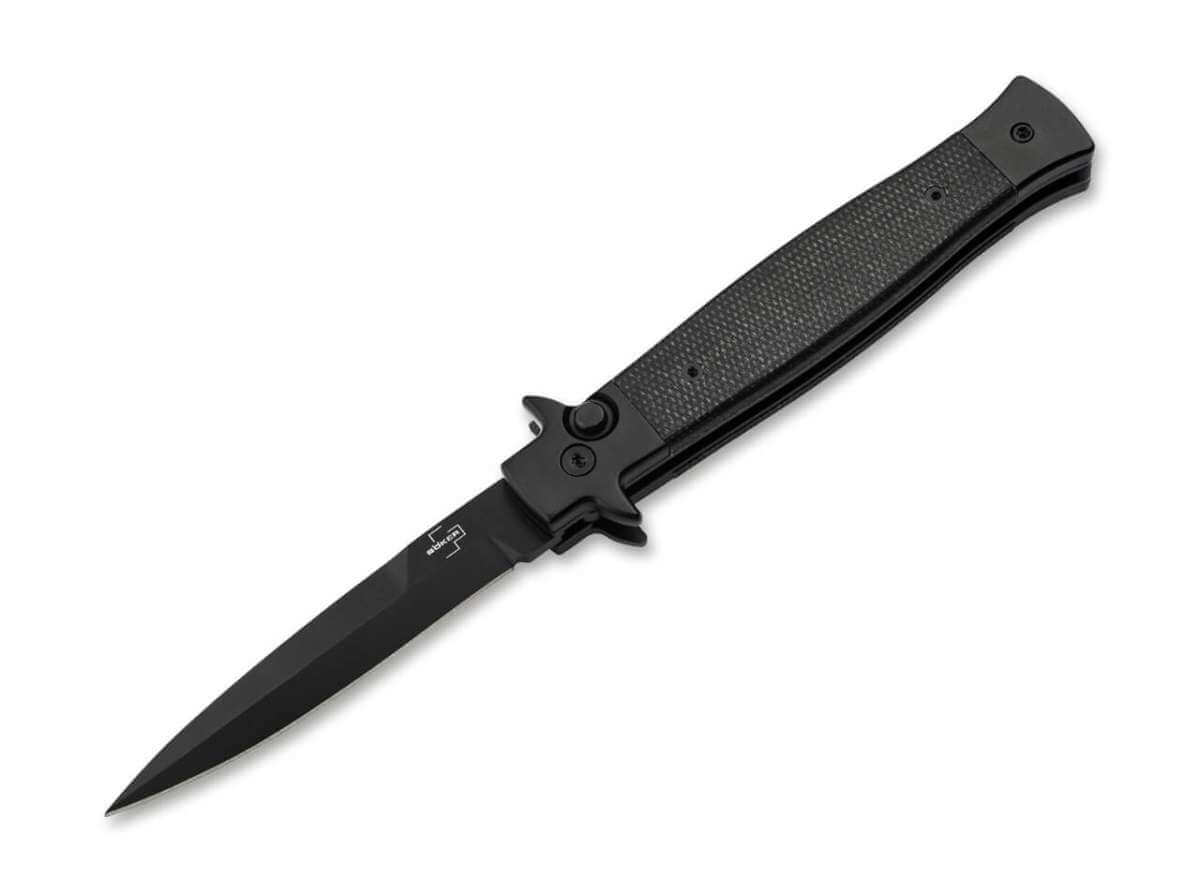 Boker Plus Stiletto 3.5 All Black Automatic Knife 14C28N Blade Black Micarta Handle 06EX751