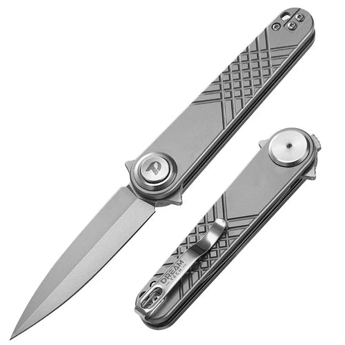 DreamTech 14C28N Titanium Folding Knife 4.29" Gray Titanium Spear Point Button Lock D4052TG