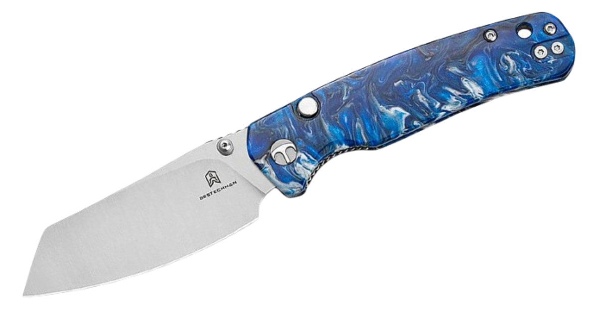 Bestechman Cicada's Wing Top Liner Lock Folding Knife | 3.15" Satin Reverse Tanto 10Cr15CoMoV Blade | Blue Resin Handle | BMK24-R-2