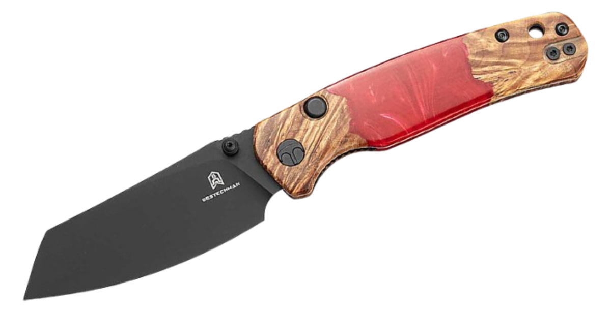 Bestechman Cicada's Wing Top Liner Lock Folding Knife | 3.15" Black PVD Reverse Tanto 10Cr15CoMoV Blade | Wood & Red Resin Handle | BMK24-W-1