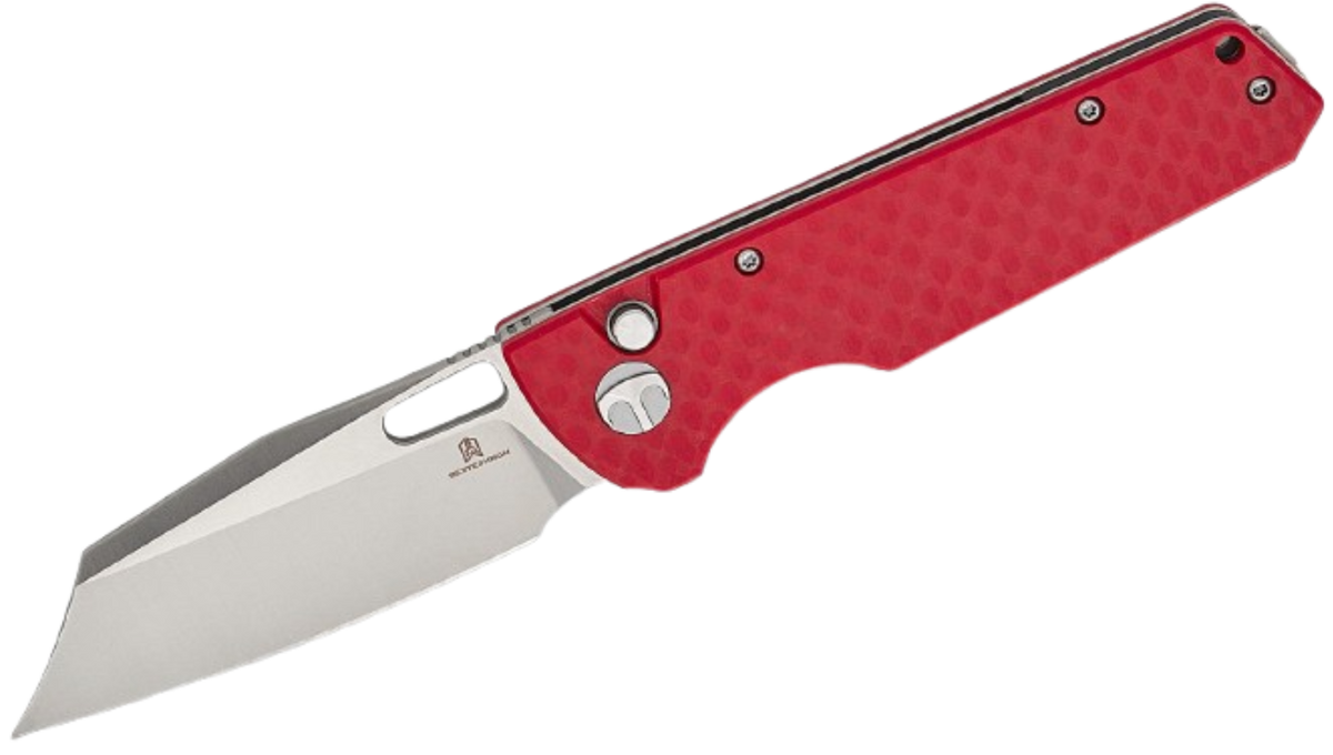 Bestechman Guardian Button Lock Folding Knife | Red Carbon Fiber Patterned G10 Handle | BMK11C