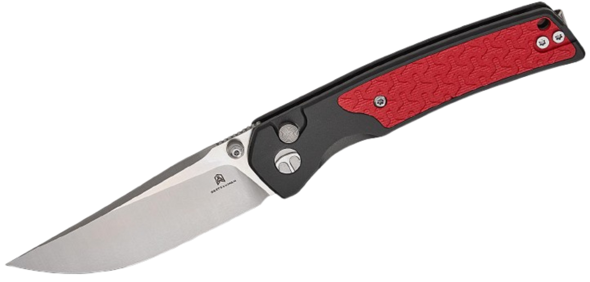 Bestechman Icebreaker Button Lock Folding Knife | Black Anodized Aluminum & Red G10 Handle | BMK16A