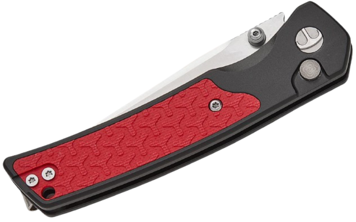 Bestechman Icebreaker Button Lock Folding Knife | Black Anodized Aluminum & Red G10 Handle | BMK16A
