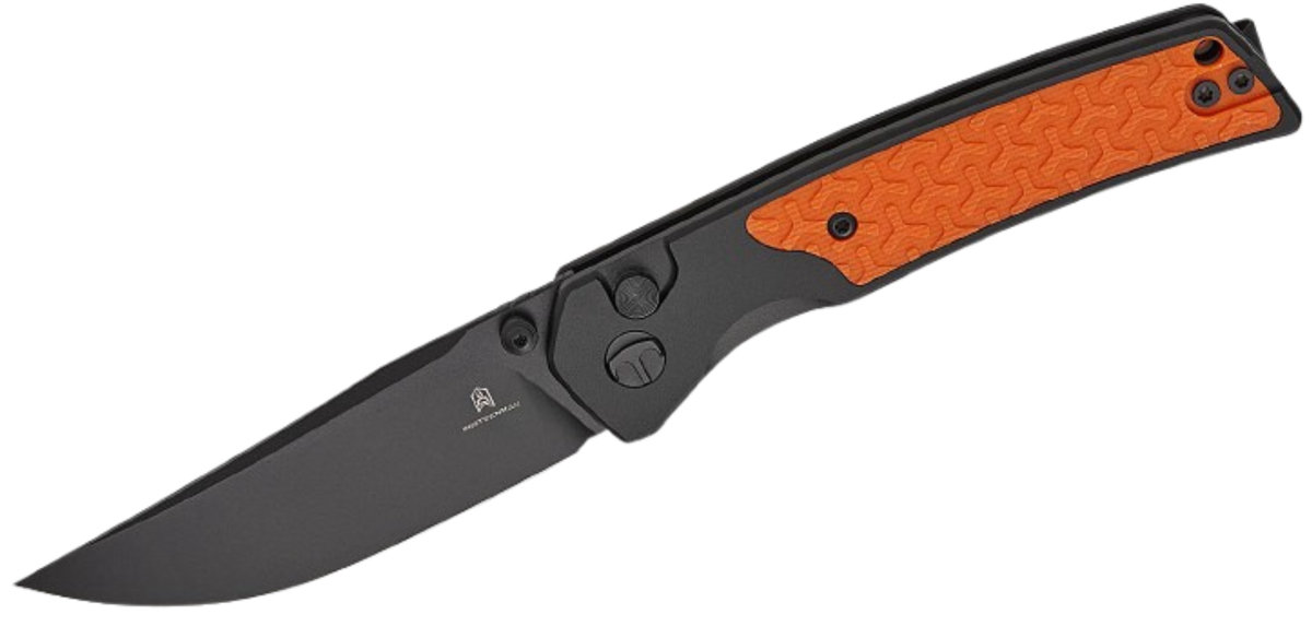 Bestechman Icebreaker Button Lock Folding Knife | Black Aluminum & Orange G10 | BMK16D
