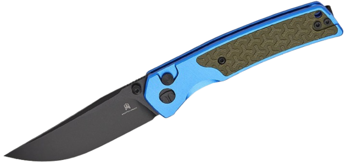 Bestechman Icebreaker Button Lock Folding Knife BMK16E  3.15" Black PVD D2 Clip Point Blade | Blue Aluminum & OD Green G10 | BMK16E