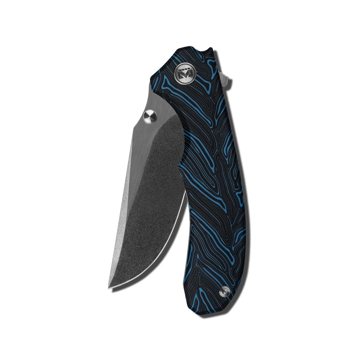 Miguron Centurion 3.5" 14C28N Stonewash & Satin Flipper Knife Blue Damascus G10 MGR-812DBU