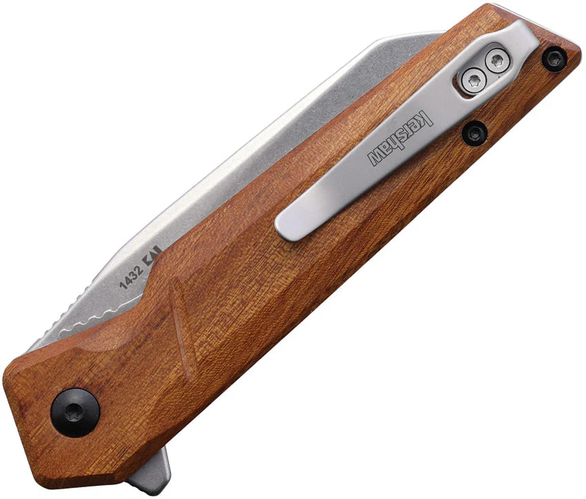 Kershaw 1432 Avert Liner Lock Assisted Flipper Knife 3.25" Stonewashed Reverse Tanto Blade, Stabilized Wood Handles