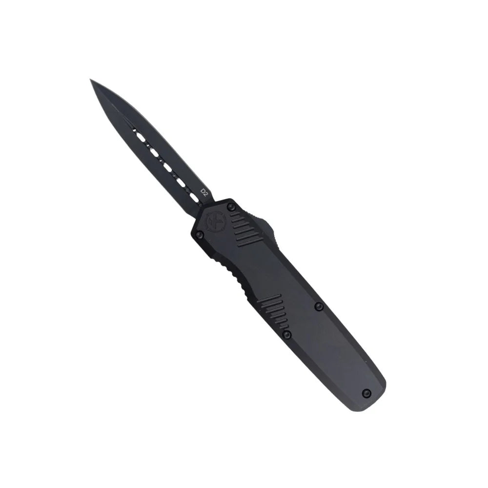 Krate Tactical  Catalyst Small Krate OTF Automatic Knife | 2.8" Black D2 Dagger Blade | Black Aluminum Handle | Dual-Action OTF