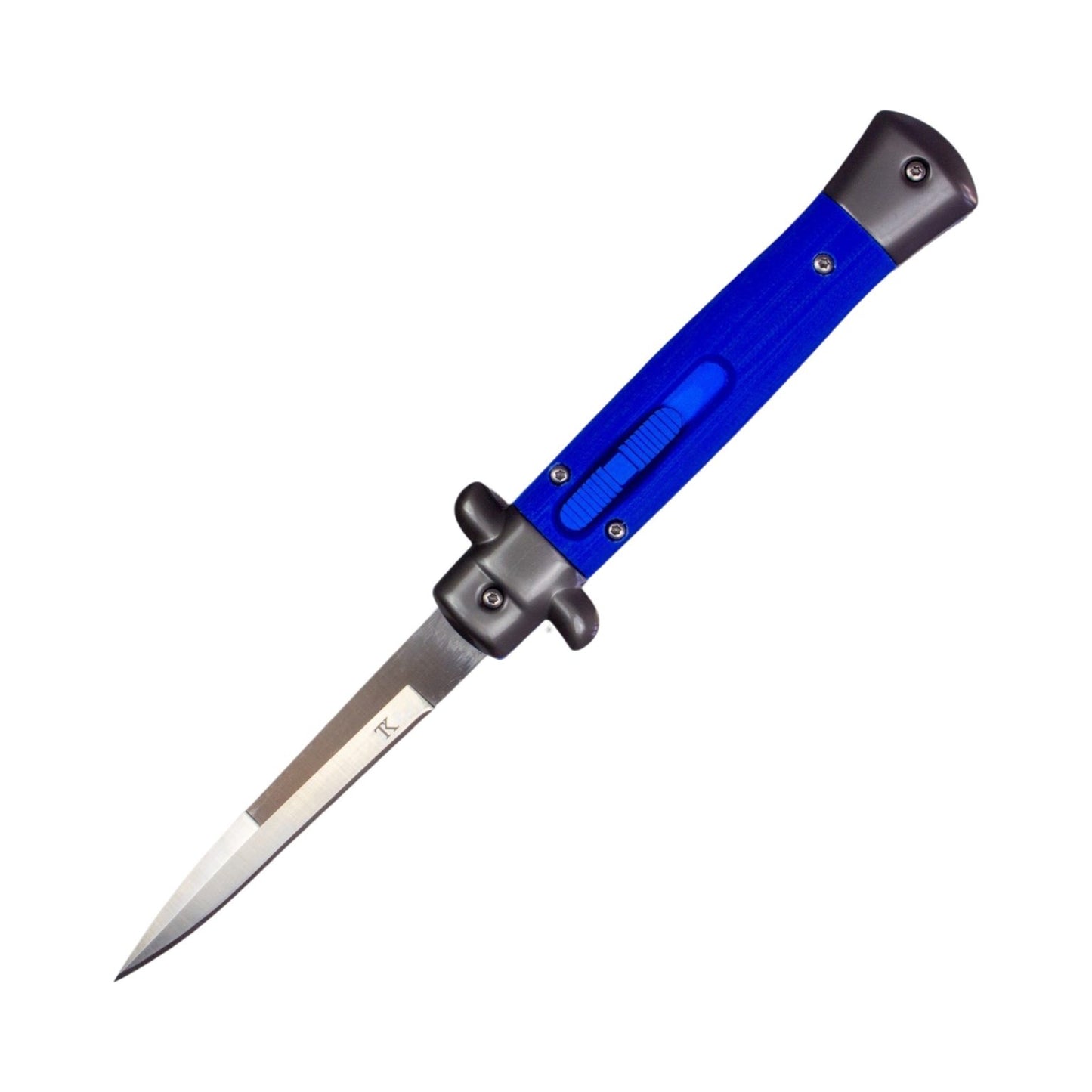 TacKnives CNC 9" Italian Stiletto OTF Knife D2 Satin Bayonet Blade Blue T6-6061 Aluminum Handle