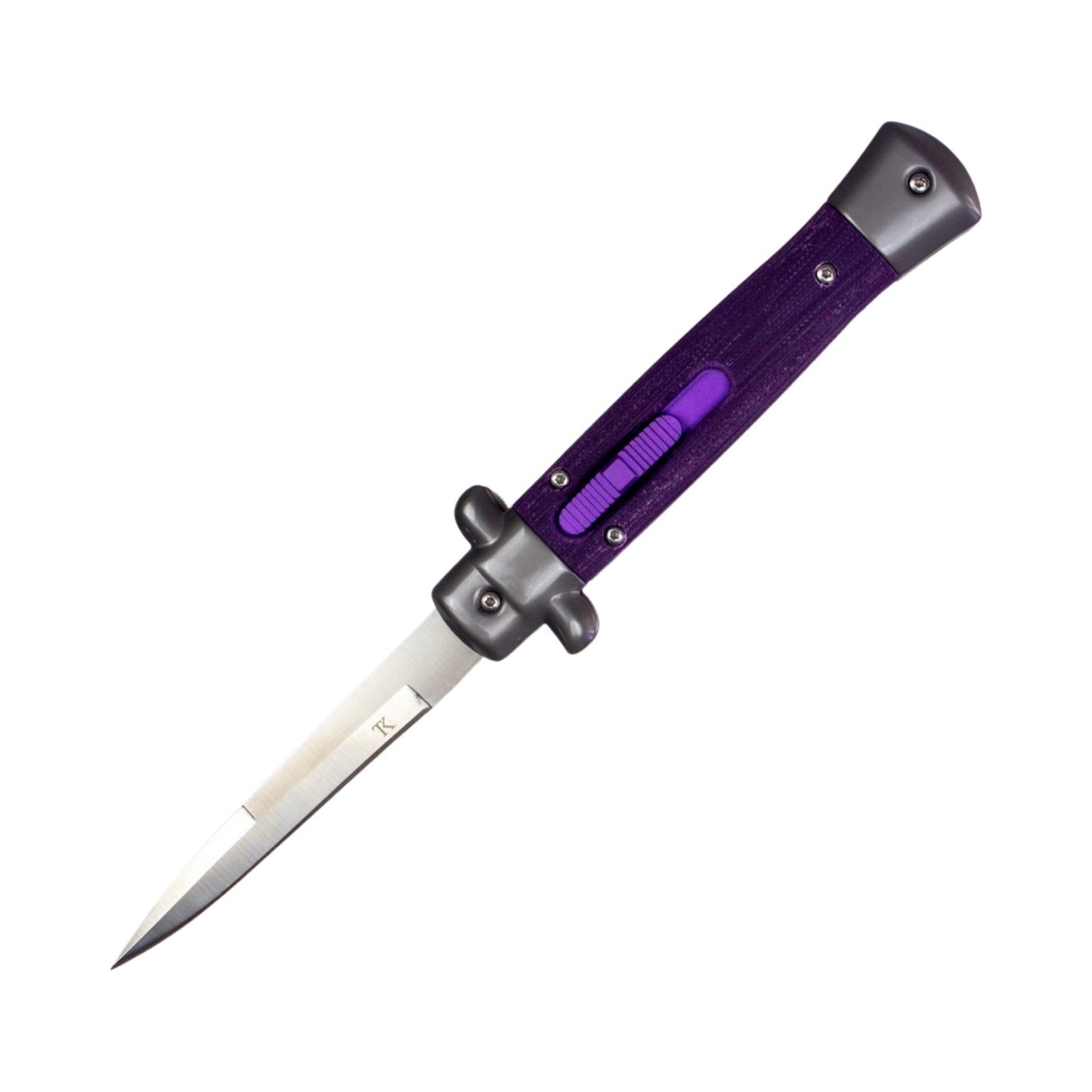 TacKnives CNC 9" Italian Stiletto OTF Knife D2 Satin Bayonet Blade Purple T6-6061 Aluminum Handle