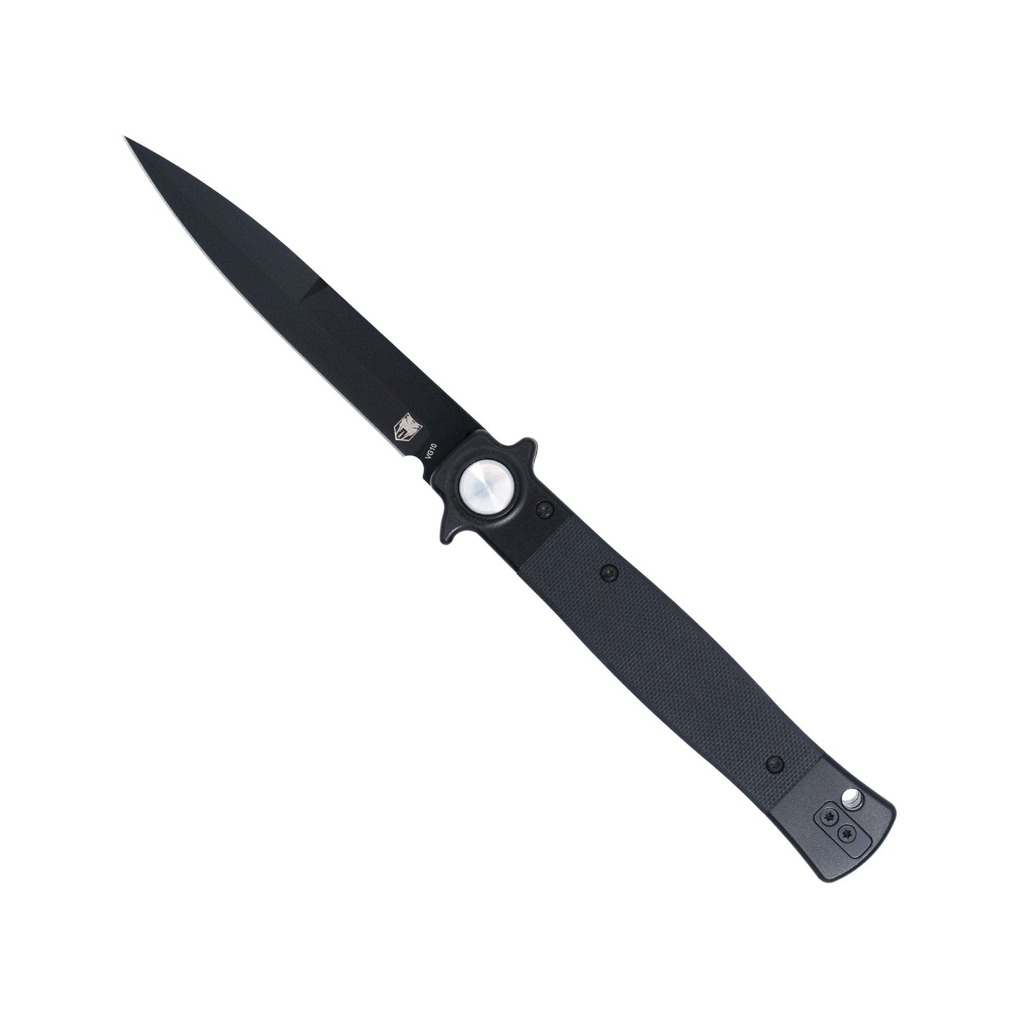 CobraTec Stiletto Button Lock Knife – Black/Black VG10 Modern Italian Style Folding Knife CTSTLBLG1OBLKBLK